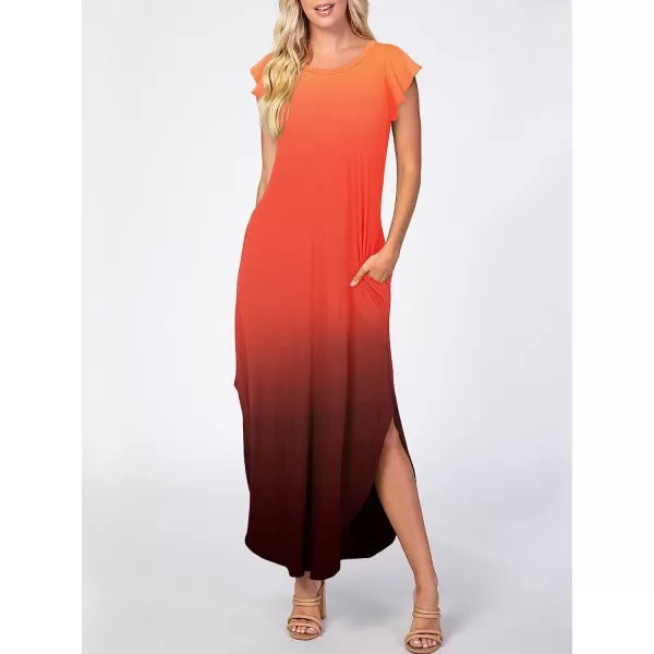 imageANRABESS Womens Summer Casual Loose Crewneck Ruffle Short Sleeves Split Beach Maxi Long Dress with PocketsOrange Black