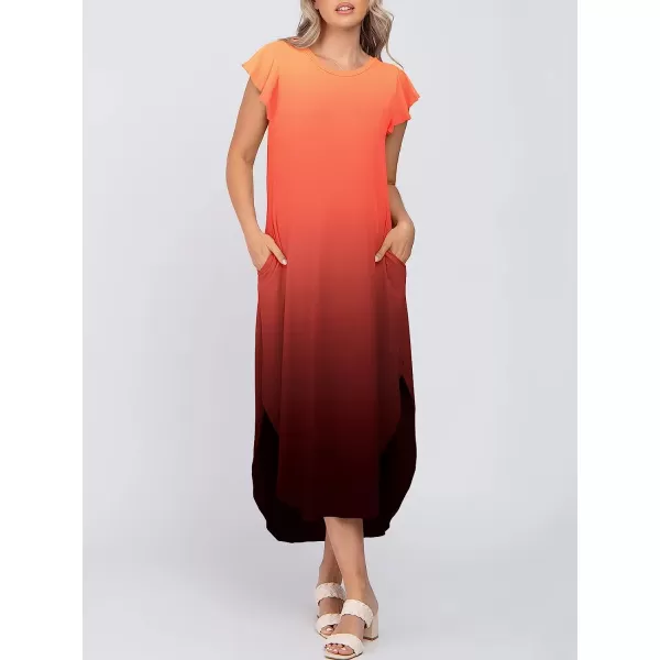 imageANRABESS Womens Summer Casual Loose Crewneck Ruffle Short Sleeves Split Beach Maxi Long Dress with PocketsOrange Black