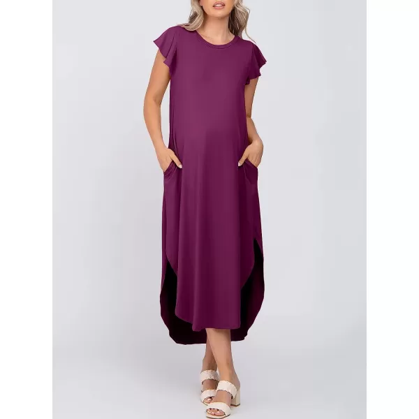 imageANRABESS Womens Summer Casual Loose Crewneck Ruffle Short Sleeves Split Beach Maxi Long Dress with PocketsPurple