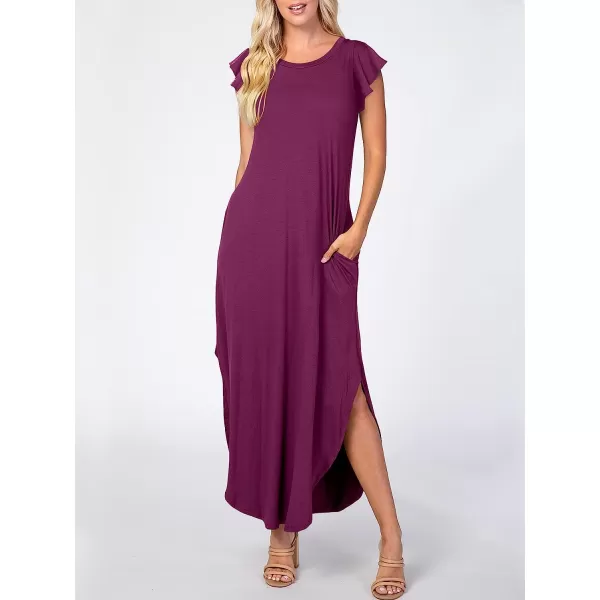 imageANRABESS Womens Summer Casual Loose Crewneck Ruffle Short Sleeves Split Beach Maxi Long Dress with PocketsPurple