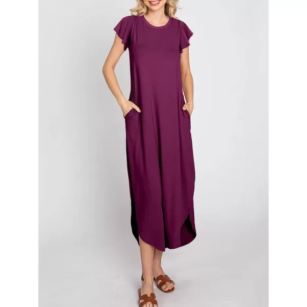 imageANRABESS Womens Summer Casual Loose Crewneck Ruffle Short Sleeves Split Beach Maxi Long Dress with PocketsPurple