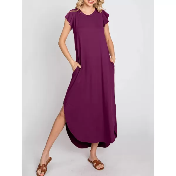 imageANRABESS Womens Summer Casual Loose Crewneck Ruffle Short Sleeves Split Beach Maxi Long Dress with PocketsPurple