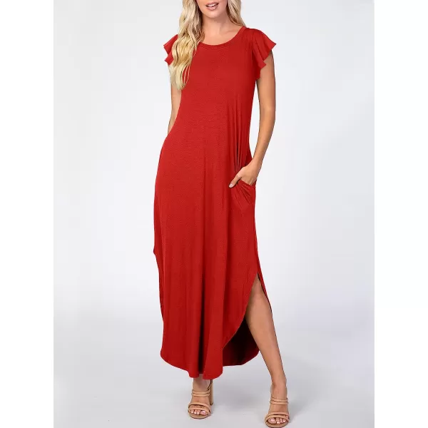 imageANRABESS Womens Summer Casual Loose Crewneck Ruffle Short Sleeves Split Beach Maxi Long Dress with PocketsRed