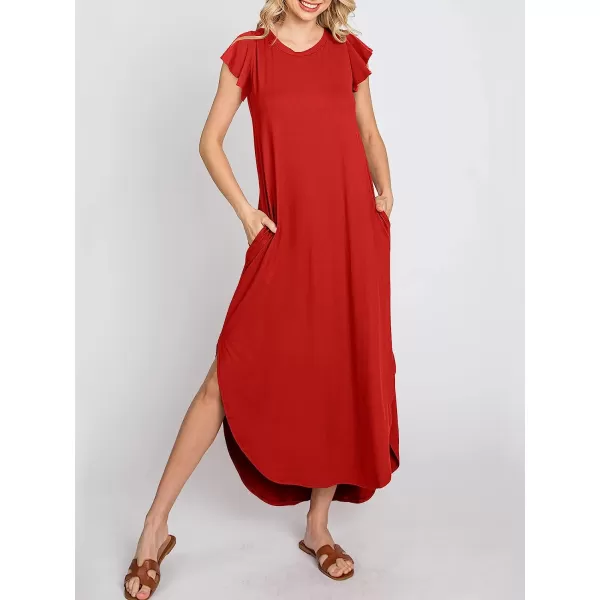 imageANRABESS Womens Summer Casual Loose Crewneck Ruffle Short Sleeves Split Beach Maxi Long Dress with PocketsRed