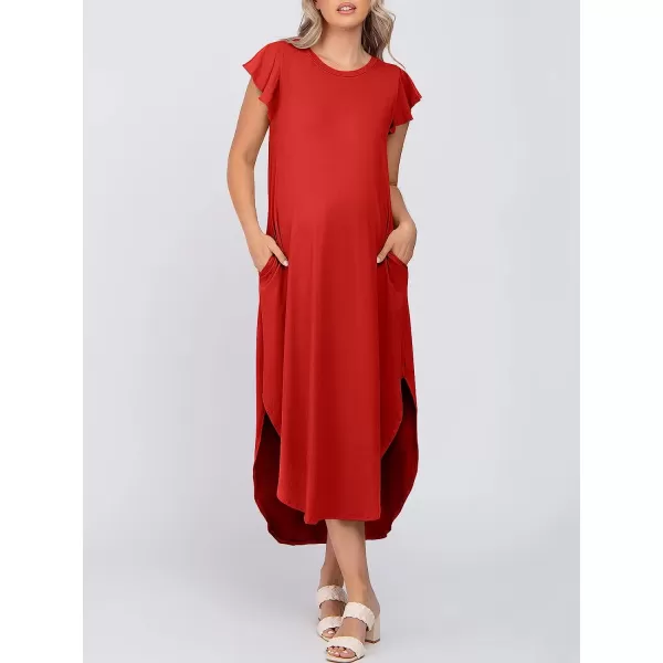 imageANRABESS Womens Summer Casual Loose Crewneck Ruffle Short Sleeves Split Beach Maxi Long Dress with PocketsRed