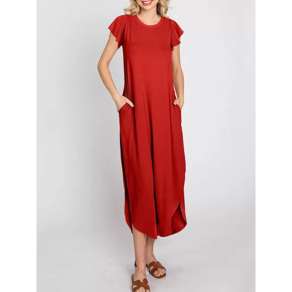 imageANRABESS Womens Summer Casual Loose Crewneck Ruffle Short Sleeves Split Beach Maxi Long Dress with PocketsRed