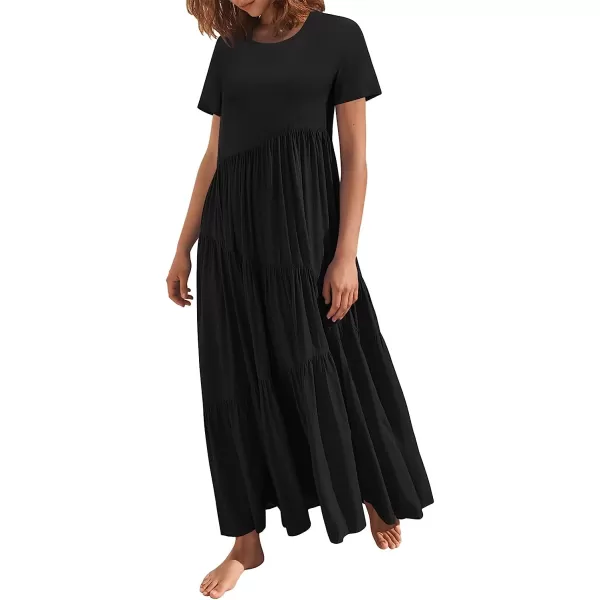 imageANRABESS Womens Summer Casual Loose Maxi Dress Short Sleeve Crewneck Asymmetric Tiered Beach Long DressesBlack