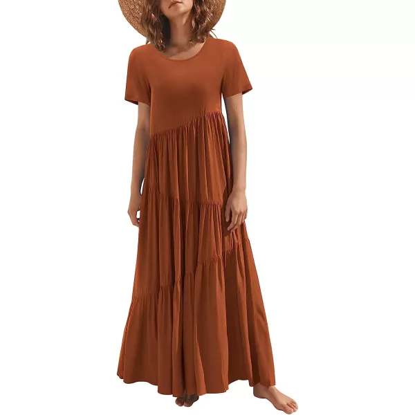 imageANRABESS Womens Summer Casual Loose Maxi Dress Short Sleeve Crewneck Asymmetric Tiered Beach Long DressesBrick Red