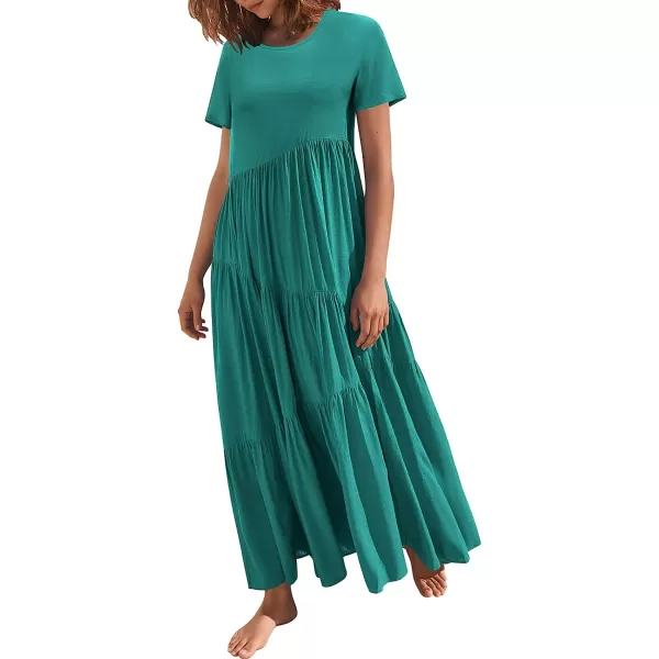 imageANRABESS Womens Summer Casual Loose Maxi Dress Short Sleeve Crewneck Asymmetric Tiered Beach Long DressesCyan