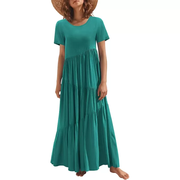 imageANRABESS Womens Summer Casual Loose Maxi Dress Short Sleeve Crewneck Asymmetric Tiered Beach Long DressesCyan