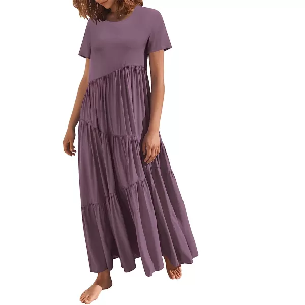 imageANRABESS Womens Summer Casual Loose Maxi Dress Short Sleeve Crewneck Asymmetric Tiered Beach Long DressesDark Purple