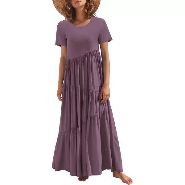 imageANRABESS Womens Summer Casual Loose Maxi Dress Short Sleeve Crewneck Asymmetric Tiered Beach Long DressesDark Purple