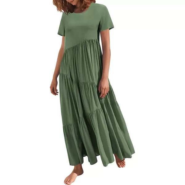 imageANRABESS Womens Summer Casual Loose Maxi Dress Short Sleeve Crewneck Asymmetric Tiered Beach Long DressesGrass
