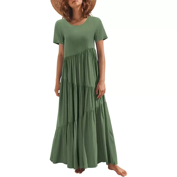 imageANRABESS Womens Summer Casual Loose Maxi Dress Short Sleeve Crewneck Asymmetric Tiered Beach Long DressesGrass