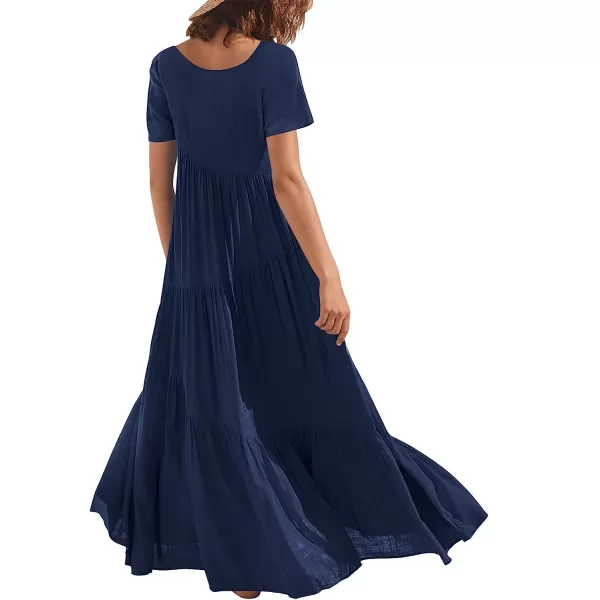 imageANRABESS Womens Summer Casual Loose Maxi Dress Short Sleeve Crewneck Asymmetric Tiered Beach Long DressesNavy Blue