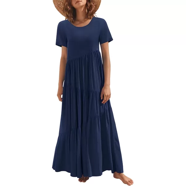 imageANRABESS Womens Summer Casual Loose Maxi Dress Short Sleeve Crewneck Asymmetric Tiered Beach Long DressesNavy Blue