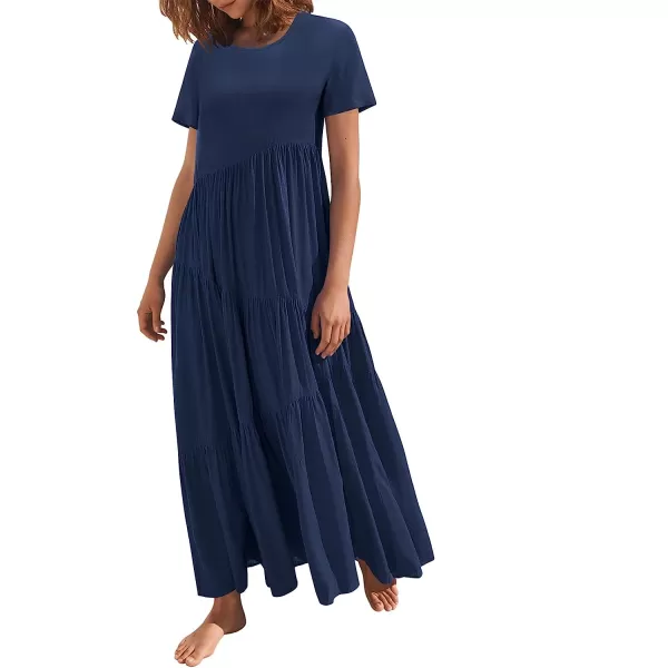 imageANRABESS Womens Summer Casual Loose Maxi Dress Short Sleeve Crewneck Asymmetric Tiered Beach Long DressesNavy Blue