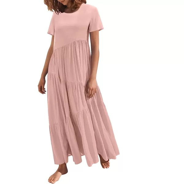 imageANRABESS Womens Summer Casual Loose Maxi Dress Short Sleeve Crewneck Asymmetric Tiered Beach Long DressesPink