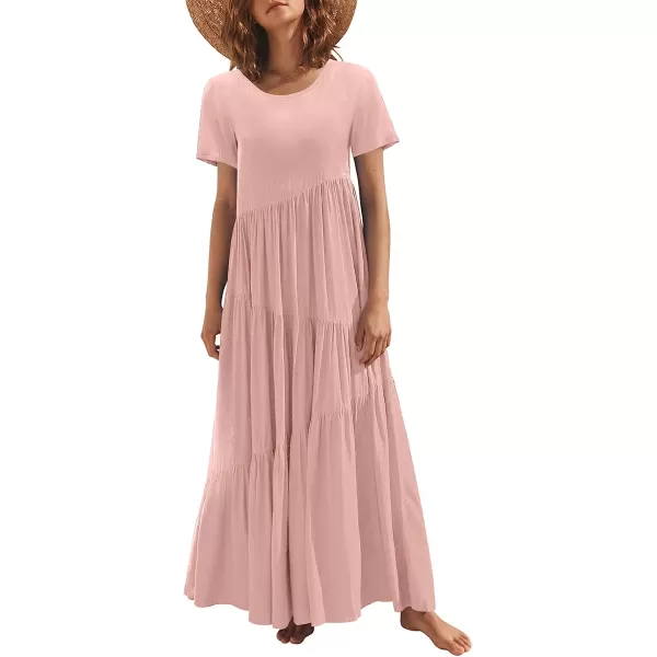 imageANRABESS Womens Summer Casual Loose Maxi Dress Short Sleeve Crewneck Asymmetric Tiered Beach Long DressesPink