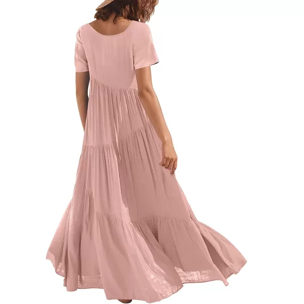 imageANRABESS Womens Summer Casual Loose Maxi Dress Short Sleeve Crewneck Asymmetric Tiered Beach Long DressesPink