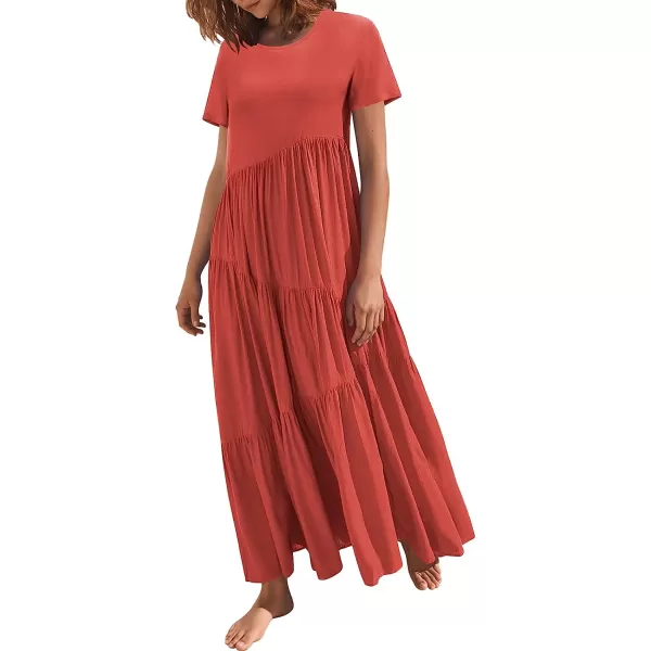 imageANRABESS Womens Summer Casual Loose Maxi Dress Short Sleeve Crewneck Asymmetric Tiered Beach Long DressesRed