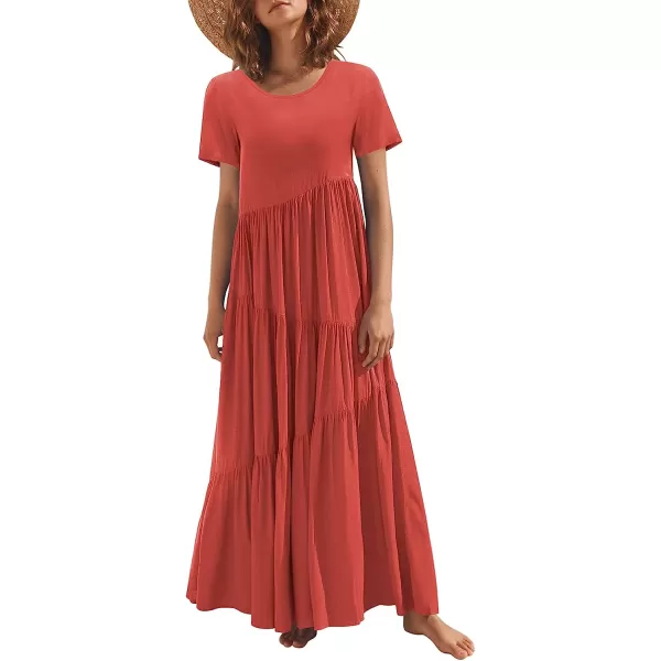 imageANRABESS Womens Summer Casual Loose Maxi Dress Short Sleeve Crewneck Asymmetric Tiered Beach Long DressesRed