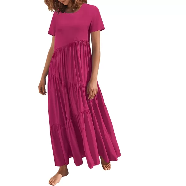imageANRABESS Womens Summer Casual Loose Maxi Dress Short Sleeve Crewneck Asymmetric Tiered Beach Long DressesRose