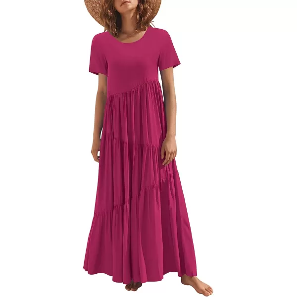imageANRABESS Womens Summer Casual Loose Maxi Dress Short Sleeve Crewneck Asymmetric Tiered Beach Long DressesRose