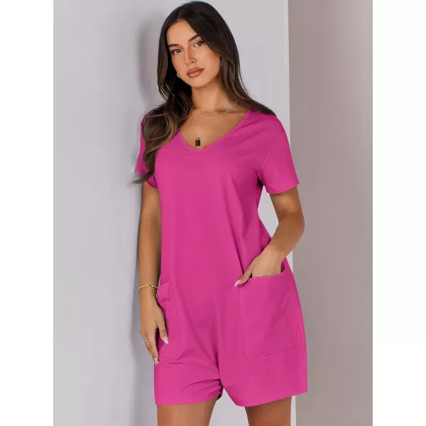 imageANRABESS Womens Summer Casual Loose Short Sleeve V Neck Rompers One Piece Rompers Jumpsuit Outfits with PocketsHot Pink
