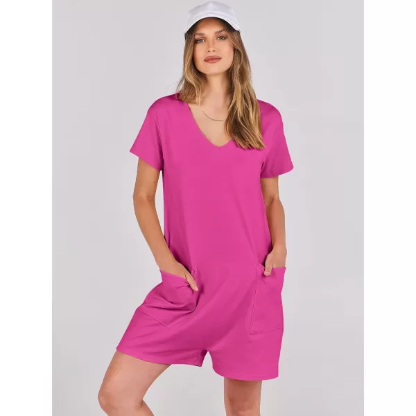 imageANRABESS Womens Summer Casual Loose Short Sleeve V Neck Rompers One Piece Rompers Jumpsuit Outfits with PocketsHot Pink