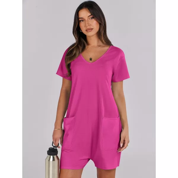 imageANRABESS Womens Summer Casual Loose Short Sleeve V Neck Rompers One Piece Rompers Jumpsuit Outfits with PocketsHot Pink