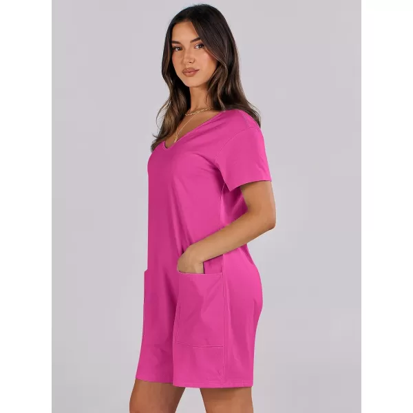 imageANRABESS Womens Summer Casual Loose Short Sleeve V Neck Rompers One Piece Rompers Jumpsuit Outfits with PocketsHot Pink