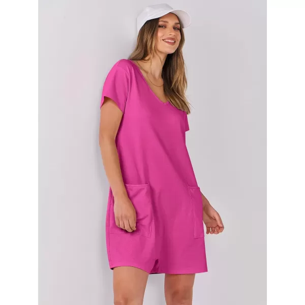 imageANRABESS Womens Summer Casual Loose Short Sleeve V Neck Rompers One Piece Rompers Jumpsuit Outfits with PocketsHot Pink