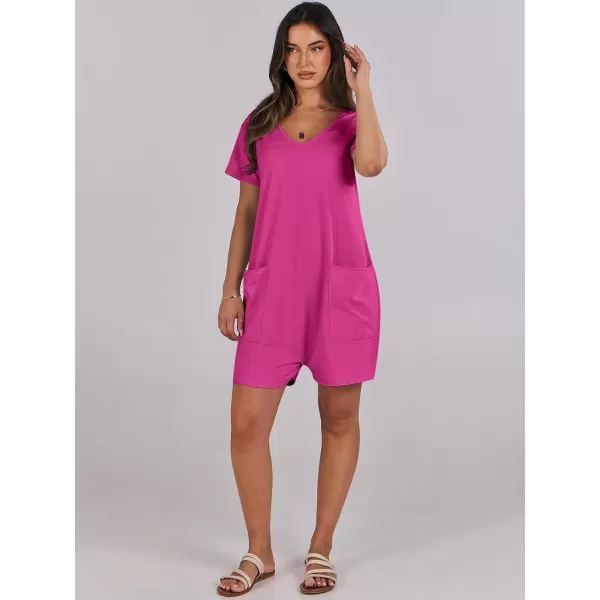 imageANRABESS Womens Summer Casual Loose Short Sleeve V Neck Rompers One Piece Rompers Jumpsuit Outfits with PocketsHot Pink