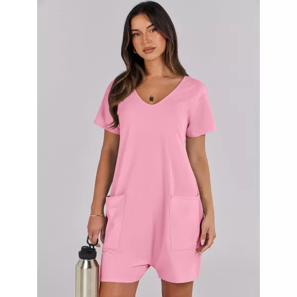 imageANRABESS Womens Summer Casual Loose Short Sleeve V Neck Rompers One Piece Rompers Jumpsuit Outfits with PocketsPink