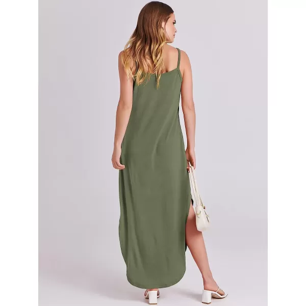 imageANRABESS Womens Summer Casual Loose Sleeveless Straps V Neck Zipper Front Flowy Slit Maxi Beach Sun DressArmy Green