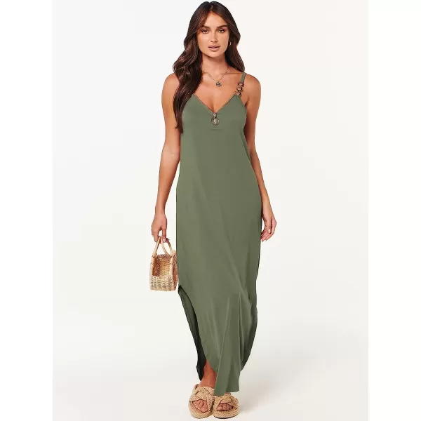 imageANRABESS Womens Summer Casual Loose Sleeveless Straps V Neck Zipper Front Flowy Slit Maxi Beach Sun DressArmy Green