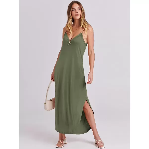 imageANRABESS Womens Summer Casual Loose Sleeveless Straps V Neck Zipper Front Flowy Slit Maxi Beach Sun DressArmy Green