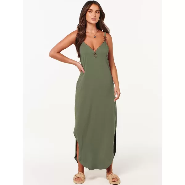 imageANRABESS Womens Summer Casual Loose Sleeveless Straps V Neck Zipper Front Flowy Slit Maxi Beach Sun DressArmy Green