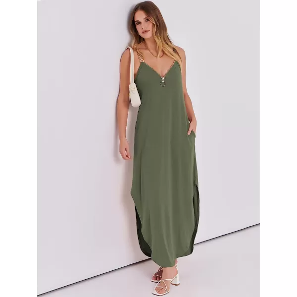 imageANRABESS Womens Summer Casual Loose Sleeveless Straps V Neck Zipper Front Flowy Slit Maxi Beach Sun DressArmy Green