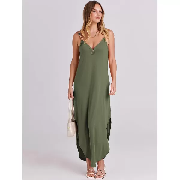 imageANRABESS Womens Summer Casual Loose Sleeveless Straps V Neck Zipper Front Flowy Slit Maxi Beach Sun DressArmy Green