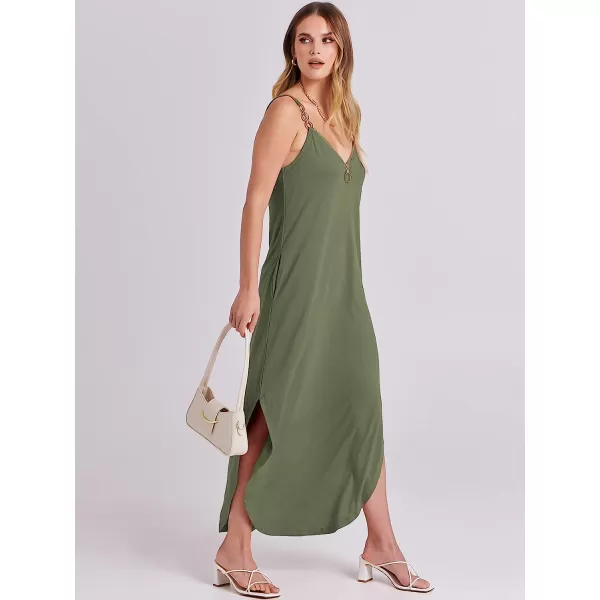 imageANRABESS Womens Summer Casual Loose Sleeveless Straps V Neck Zipper Front Flowy Slit Maxi Beach Sun DressArmy Green