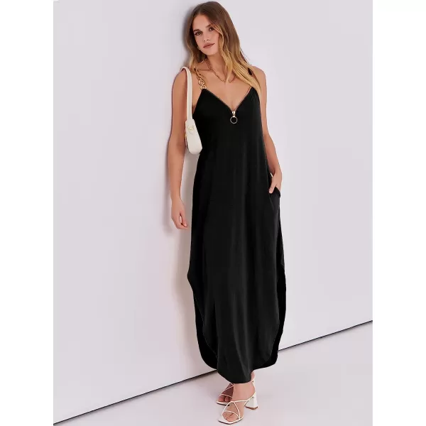 imageANRABESS Womens Summer Casual Loose Sleeveless Straps V Neck Zipper Front Flowy Slit Maxi Beach Sun DressBlack