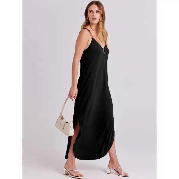 imageANRABESS Womens Summer Casual Loose Sleeveless Straps V Neck Zipper Front Flowy Slit Maxi Beach Sun DressBlack