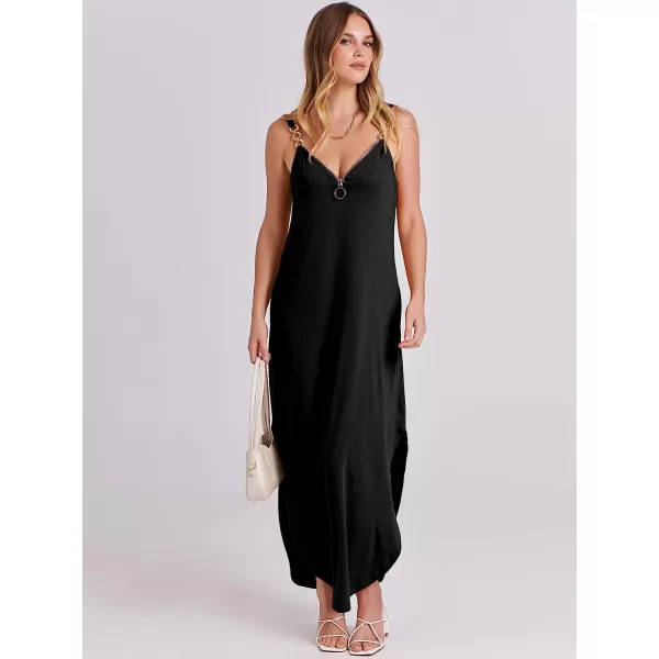 imageANRABESS Womens Summer Casual Loose Sleeveless Straps V Neck Zipper Front Flowy Slit Maxi Beach Sun DressBlack
