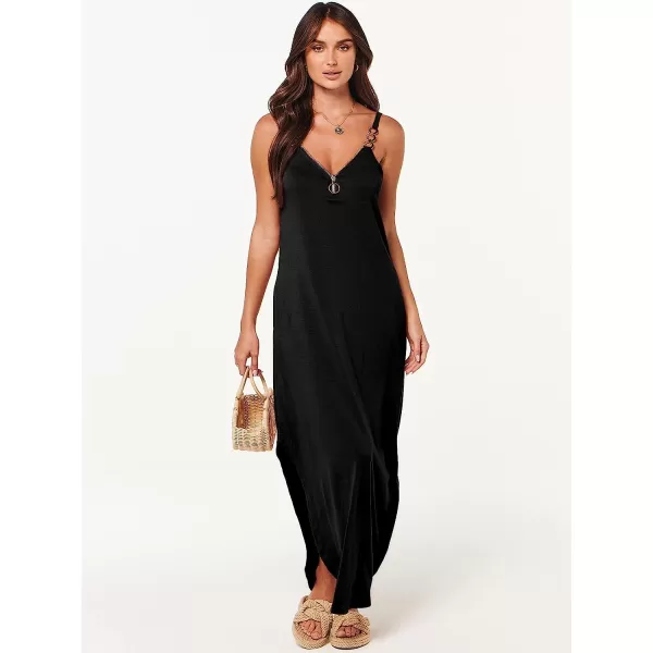 imageANRABESS Womens Summer Casual Loose Sleeveless Straps V Neck Zipper Front Flowy Slit Maxi Beach Sun DressBlack