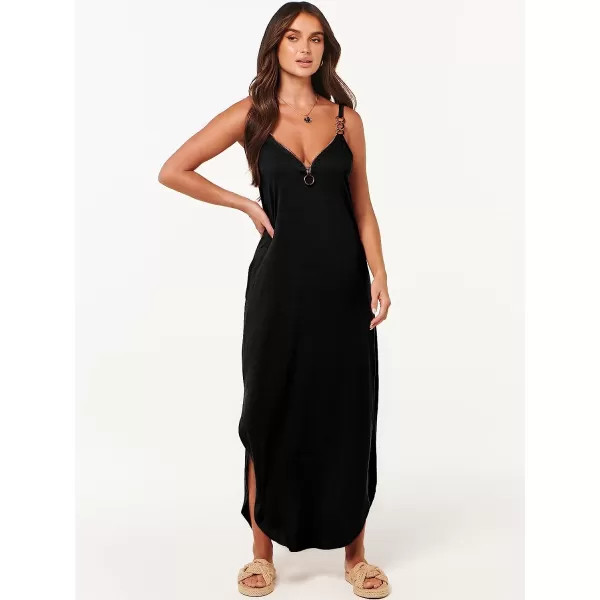 imageANRABESS Womens Summer Casual Loose Sleeveless Straps V Neck Zipper Front Flowy Slit Maxi Beach Sun DressBlack