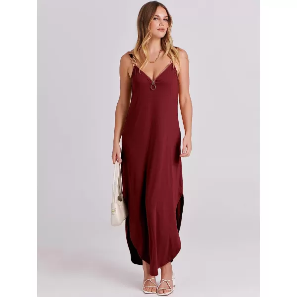 imageANRABESS Womens Summer Casual Loose Sleeveless Straps V Neck Zipper Front Flowy Slit Maxi Beach Sun DressBurgundy
