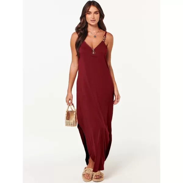 imageANRABESS Womens Summer Casual Loose Sleeveless Straps V Neck Zipper Front Flowy Slit Maxi Beach Sun DressBurgundy