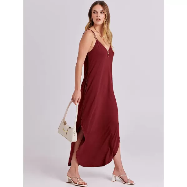 imageANRABESS Womens Summer Casual Loose Sleeveless Straps V Neck Zipper Front Flowy Slit Maxi Beach Sun DressBurgundy